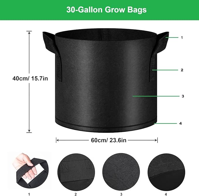 30-Gallon Grow Bags, (10 Pack) Thickened Aeration Fabric Growing Pots Planters with Handles for Planting Vegetables Plants, Black