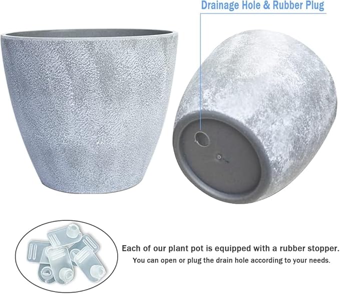 Plant Pots Indoor 7.5/6.5/6/5/4/3.5 Inch Set of 6 Plastic Planters for Indoor Plants with Drainage Hole and Drain Plug, Plastic Flower Pots, Nursery Planting Pot for Outdoor Plants (Gray)