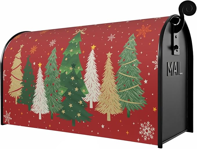 Christmas Large Mailbox Covers Magnetic Oversized Xmas Tree Print Red Winter Mailbox Wraps Holiday Themed Outdoor Decorative Letter Box Cases for Home Garden Outside Decor, 25.5x21 Inch