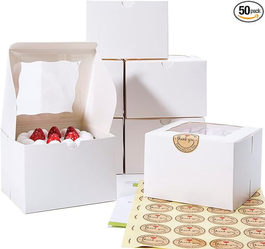 Cookie Boxes with Window 5x5x3.5 Inch[50 Pack] Premium White Bakery Boxes,Mini Treat Box, Pastry Box for Mini Bundt Cake and Individual Cheesecakes