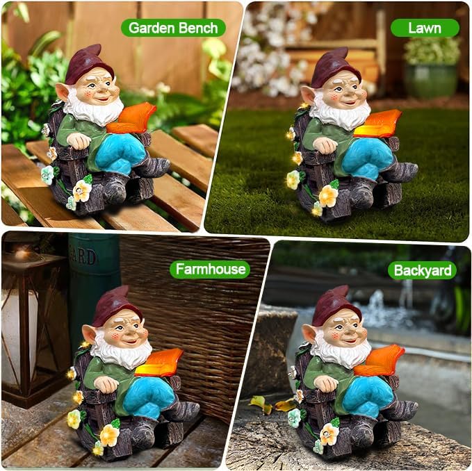 Solar Garden Gnome Statues Outdoor, Fairy Christmas Rocking Chair Gnomes Reading Book Succulents Figurines Lights Yard Art Sculpture Home Decor for Outside Patio Balcony Lawn, Unique Loved One Gifts