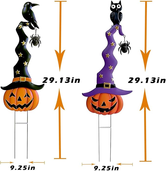 2 Pack Halloween/Thanksgiving Garden Decorations, Metal Jack-O-Lantern Stakes with Witch Hats, Scary Yard Sign Outdoor Lawn Decor, Metal Pumpkin Outdoor Halloween Yard Signs