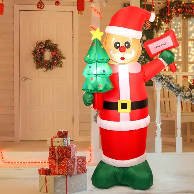 6Ft Christmas Inflatables Santa Gingerbread with LED Lights & Gift Box, Giant Christmas Inflatables Yard Decorations, Xmas Blow Up Santa Claus, Indoor/Outdoor Christmas Decor for Holiday Patio Garden