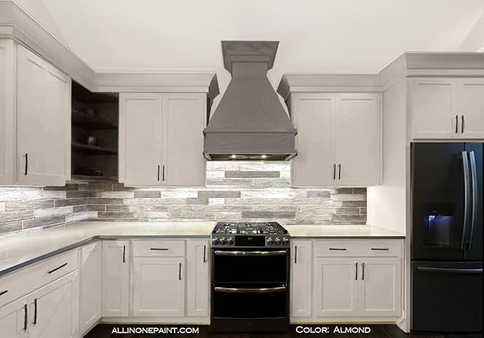 ALL-IN-ONE Paint, Durable cabinet and furniture paint. Built in primer and top coat, no sanding needed. Includes our 30 featured color card - Almond (off white with tan undertone), Gallon