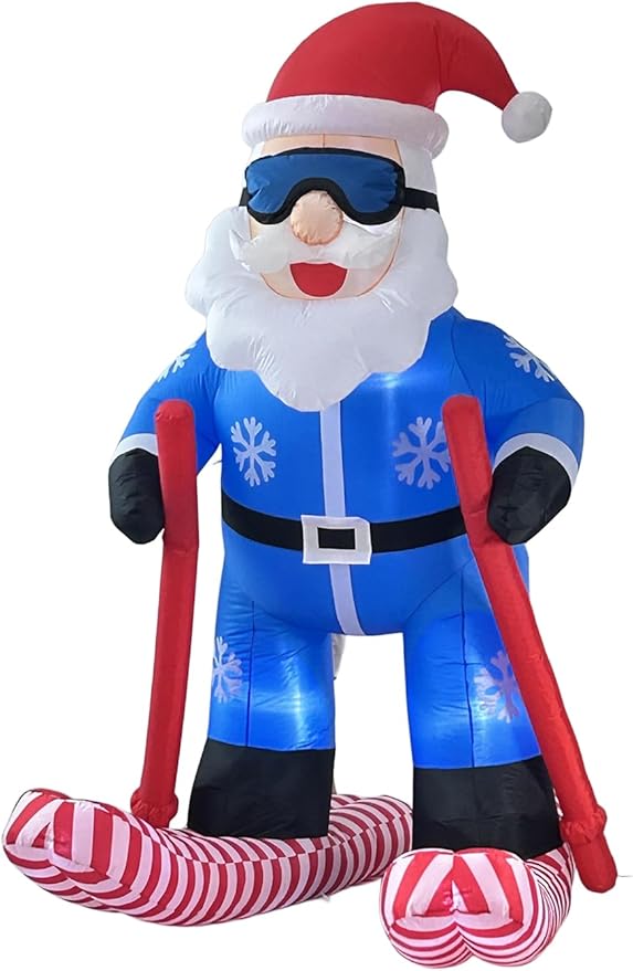 LANGXUN 8ft Skiing Santa Inflatable Outdoor Indoor Decor, Giant Blow Up IP44 Weatherproof Xmas Decorations for Yard, Built-in 7-Color LED Rotating Light for Gardern Lawn Winter Holiday