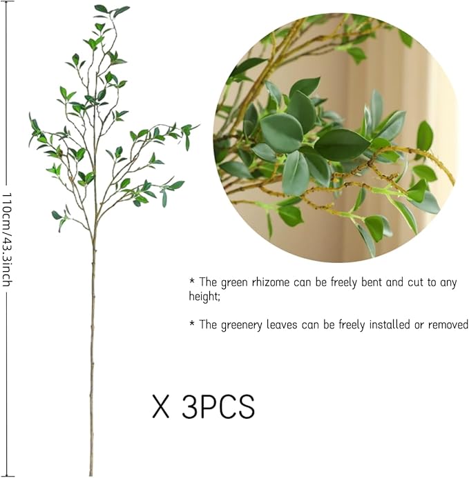 MeDecor 3Pcs Artificial Plants Greenery Stems, 43.3" Tall Faux Ficus Plant Spring Summer Twig Branches Fake Green Plants Stem for Vase Home Party Wedding Garden Office Decorations