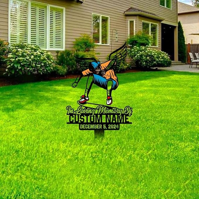 Custom Skateboarder Memorial Metal Stake – Personalized Sports Player Grave Marker, Yard Garden Stake, Outdoor Memorial Decor (Skateboarder Memorial)