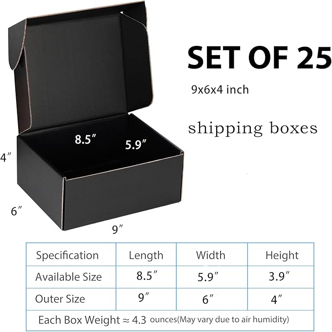 Small Shipping Boxes 9x6x4 Inch (25 Pack) - Sturdy Black Corrugated Cardboard Boxes for Small Business, Ecommerce, Mailing & Packaging | Recyclable Gift & Storage Boxes