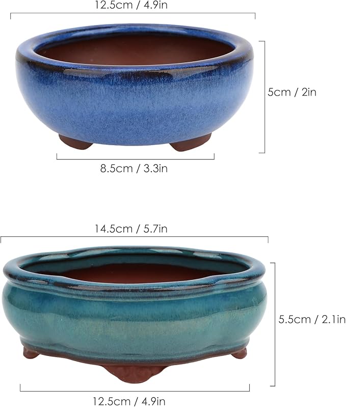 Bonsai Planter 4.9" 5.7" 2pc Small Succulent Glazed Pots + 6 Soft Mesh Drainage Screens