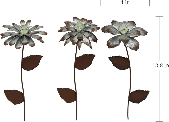 CEDAR HOME Galvanized Floral Garden Stake Outdoor Glow in Dark Plant Pick Water Proof Metal Stick Art Ornament Decor for Lawn Yard Patio, 4"W x 1.5"D x 13.8"H, 3 Set