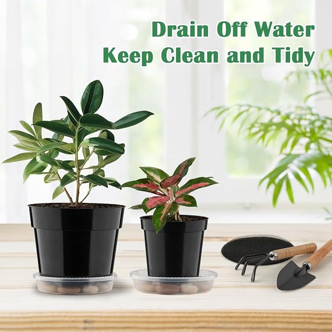 20 Pack Plant Pots, 6 Inch Plastic Plant Planter with Saucers and Mesh Mats, Durable Flower Pots with Drainage Holes Perfect for Indoor Outdoor, Black