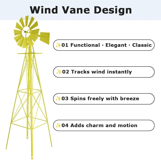8FT Windmill for Yard Garden Decoration with Weather Vanes，Heavy Duty Outdoor Wind Mills, Large Metal Outdoor Windmill,Weather Resistant,Yellow