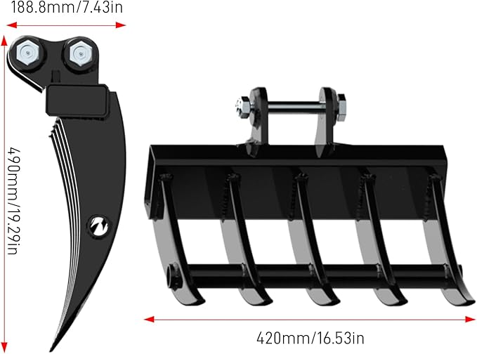 Mini Excavator Attachment Rake, Metal Wide Backhoe Rake Fit for 0.8T-1.5T Mini Excavators - Upgraded High-Thickness Steel‌ - Replace Hydraulic Tilt Excavator Attachment