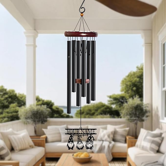 Personalized Customize Name Gnome Wind Chime, Metal Iron 37 Inch Outdoor Memorial Gift for Garden Yard Patio Home Decor, Black，Christmas (Style F)