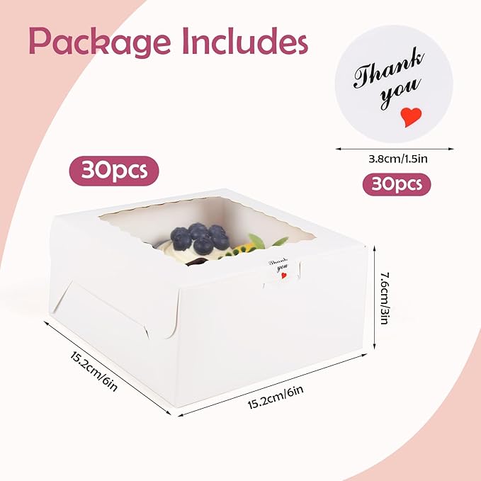 30 Pcs Bakery Boxes with Window, 6x6x3 Inches Cookie Boxes, White Paperboard Treat Boxes for for Pastries, Cookies, Strawberries, Macarons, Desserts, Cupcakes with paper stickers