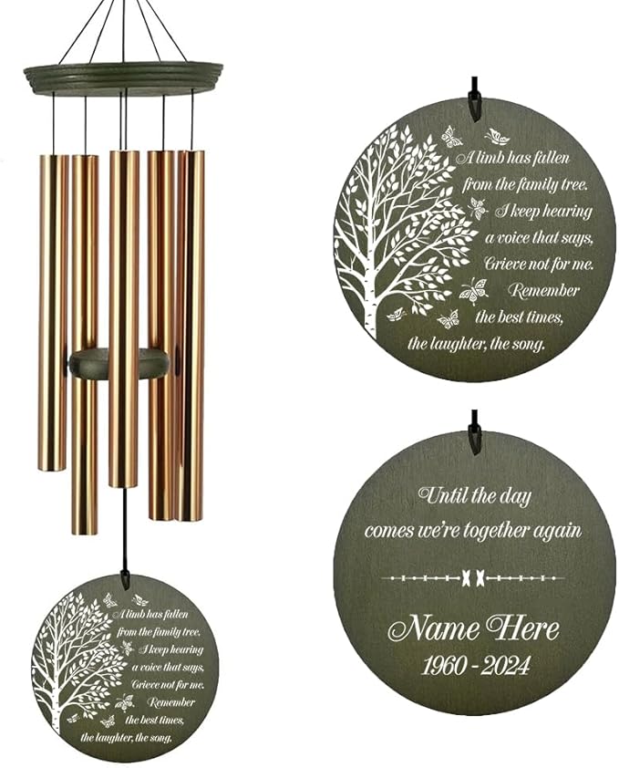 Memorial Wind Chimes Personalized, 36inch Sympathy Wind Chime Custom Name, Life Tree Butterfly Memorial Gifts, for Loss of Loved Dad/Mom, Deep Tone Decor Outside (Produced in USA)
