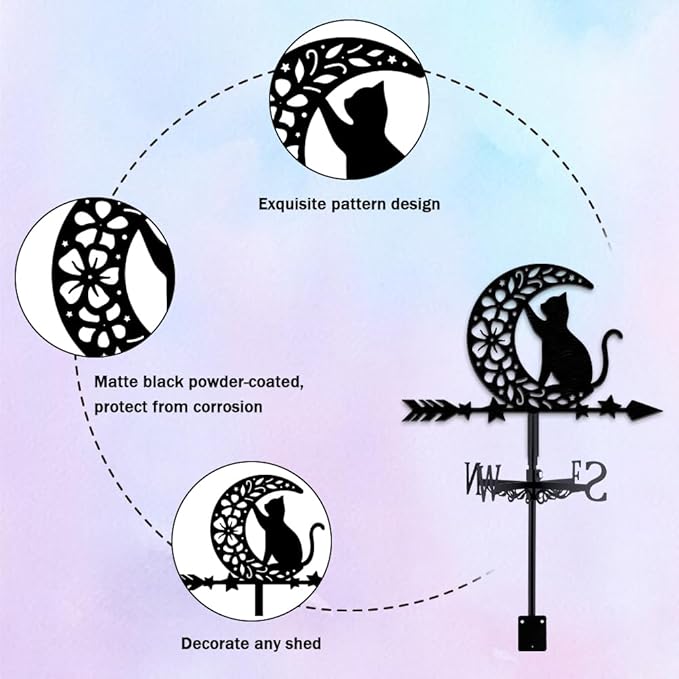 Moon Cat Weathervane Metal Wind Vane Flower Star Garden Decoration Direction Indicator Stake Mount Ornament for Farmhouse Yard Roof Outdoor