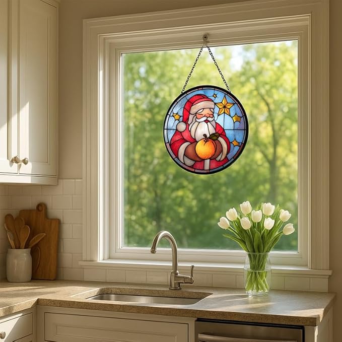 Stained Glass Window Hanging – 11.8 in Santa Claus Panel with Chain， Christmas Bathroom Front Door Living Room Garden Decor for Mom Wife Lovers