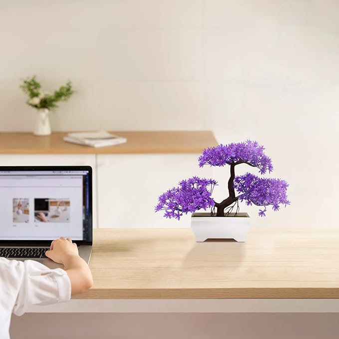 Mini Artificial Bonsai Tree Plants with Plastic Cement Pots for Home Office Décor(Purple)