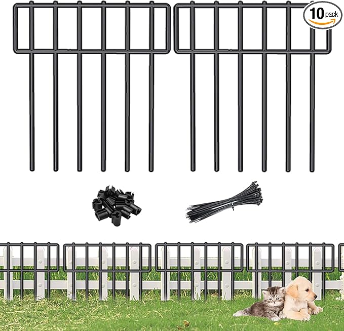 10 Pack Animal Barrier Fence, No Dig Fencing 10.8ft(L) × 12in(H) Rustproof Metal Small Garden Fence Border Metal Fence Panels Garden Fence Border for Dogs Rabbits, Outdoor Landscaped Yard