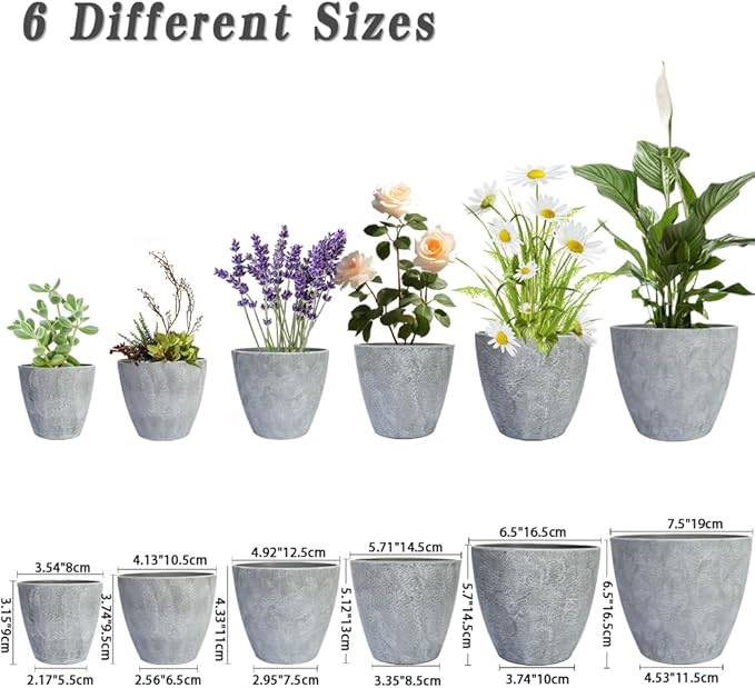 Plant Pots Indoor 7.5/6.5/6/5/4/3.5 Inch Set of 6 Plastic Planters for Indoor Plants with Drainage Hole and Drain Plug, Plastic Flower Pots, Nursery Planting Pot for Outdoor Plants (Gray)