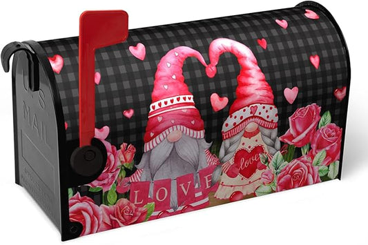 Valentine's Day Gnomes Magnetic Mailbox Cover - Love Hearts, Oversized Red Rose, Buffalo Plaid Humor Letter Post Box Wrap - Large Size 25.5 X 21 Inch
