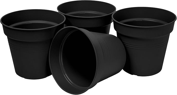 Mintra Home Garden Pots 4pk - Flowers, Herbs, Plants, Indoor, Outdoor, Colorful, Wholesale, Bulk (Black, 17cm Diameter (6.6in))