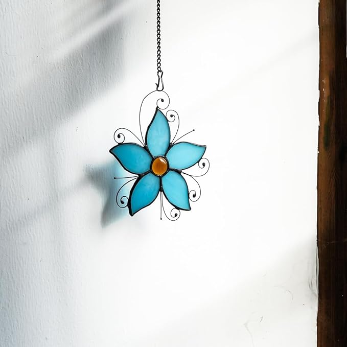 Forget Me Not Flower Decor Stained Glass Window Hanging,Blue Flower Ornaments Suncatcher for Window,Best Gifts for Mother,Women,Valentine's Day,Birthday