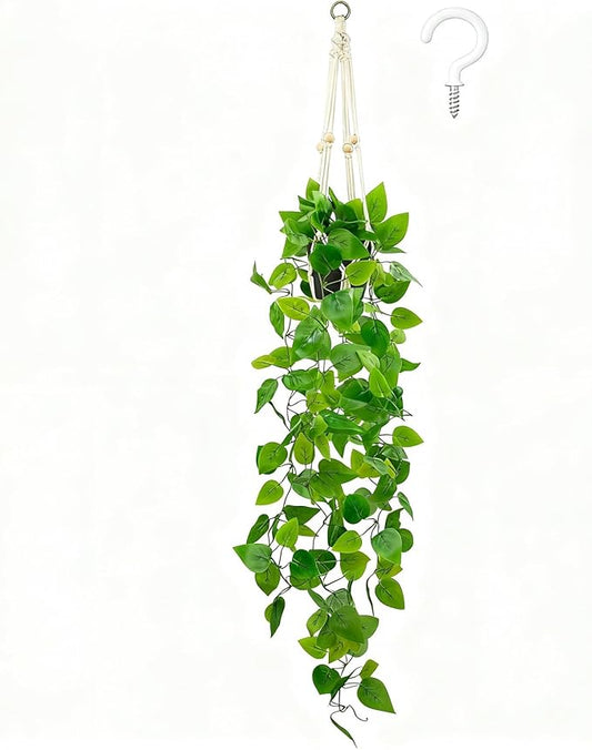 Fake Pothos in Rope - Hanging Pot, Artificial Pothos Plants for Home Decor Indoor Macrame Plant Hanger with Faux Vine Hanging Planter Greenery for Bedroom Bathroom Kitchen Office Decor