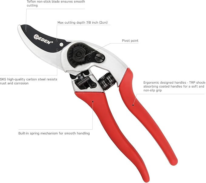 Eden 39002 Adjustable Bypass Pruning Shears, 7/8 inch cutting diameter for Stems and Branches