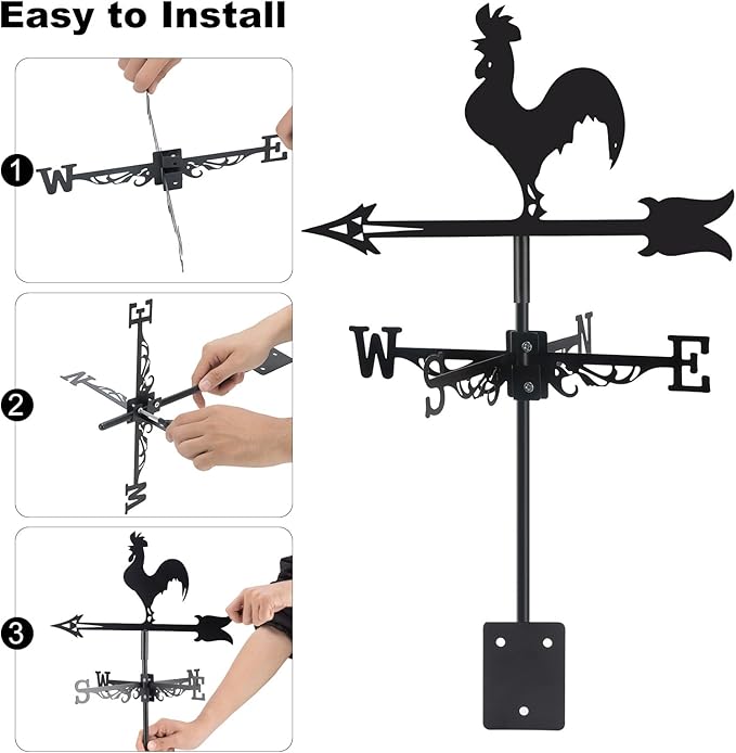 Rooster Metal Weather Vane Wind Direction Indicator Outdoor Weather Vanes Roof Mount Yard Patio Wind Vanes for OutsideYard Farm Garden Patio Decoration