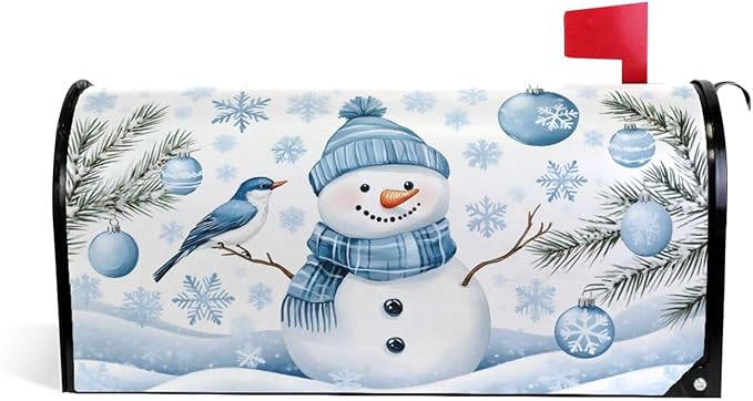 SUABO Mailbox Cover Blue Snowman with Bird Oversize Magnetic Mailbox Covers Wraps for Christmas Home Yard Garden Decor