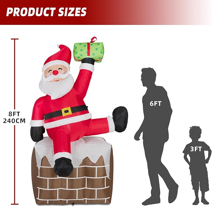 ININ 8FT Christmas Inflatables Santa Claus on The Chimney,Christmas Inflatables Decorations Outdoor/Indoor,Blow Up Santa Claus Yard Decorations Built-in LED Lights,for Yard/Lawn/Garden.