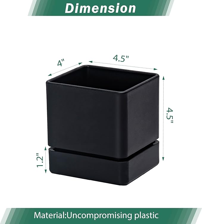 D'vine Dev 4 Inch Herb Planter Pot, Plastic Planter with Drainage Holes and Saucer, Modern Decorative Gardening Pot for Indoor Plants, Flowers, Herbs, Succulents, Black, Set of 3, 76-Y-B3-1