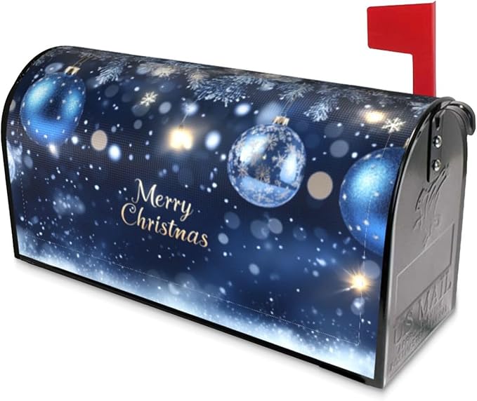 Festive Magnetic Mailbox Cover Christmas Blue Ball Pattern Outdoor Mailbox Protector Holiday Seasonal Decorative Garden Yard Home Standard Size 21 x 18 Inch