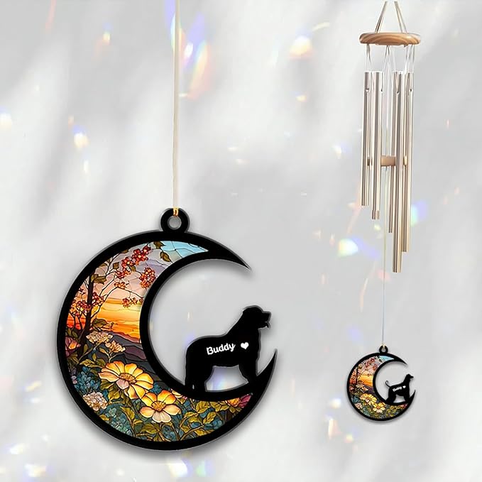 Leonberger Sun Catcher Wind Chime, Custom Sunflower Suncatcher Dog Memorial Wind Chime, Dog Loss Gift, Dog Sympathy Gift, Pet Loss Suncatcher, Outdoor Garden Decor