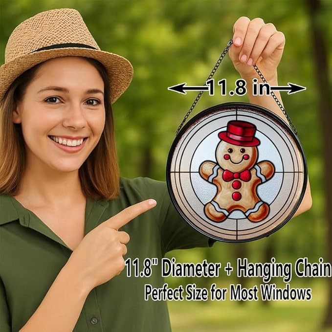 Stained Glass Window Hanging – 11.8 in Gingerbread Man Panel with Chain， Bathroom Front Door Living Room Garden Decor for Mom Wife Lovers