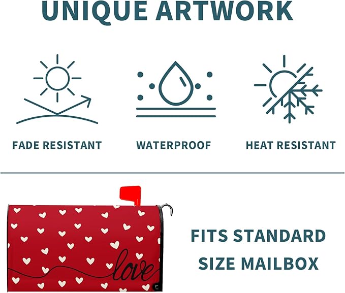 Valentines Day Mailbox Cover Magnetic Red Love Hearts Romantic Mailbox Wrap Post Cover Standard Size 25.5x21 Inch for Garden Yard Outdoor Outside Patio Wedding Anniversary Holiday Decor