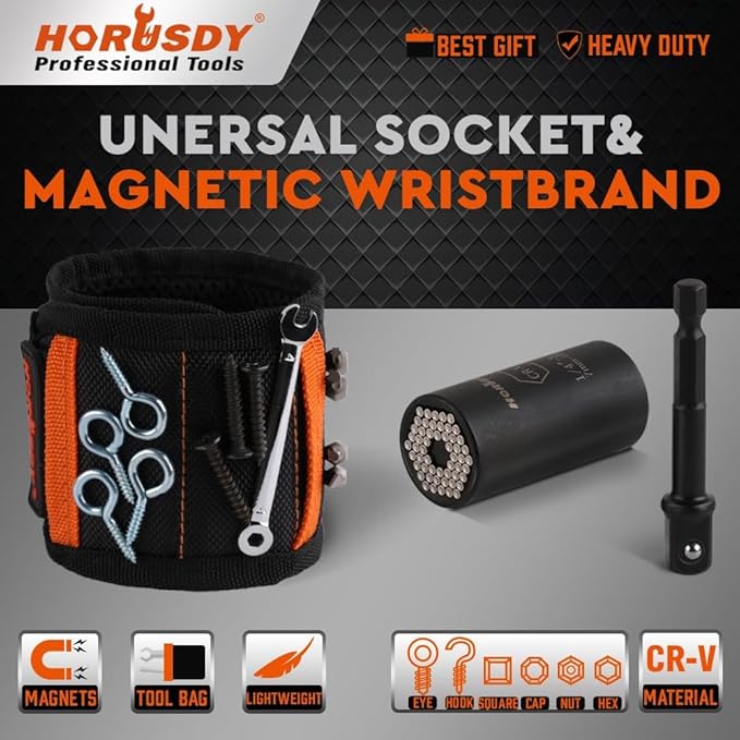 HORUSDY Magnetic Wristband & Universal Socket Grip (7-19mm), Tools Gifts for Dad with Strong Magnets for Holding Screws, Nails, Drilling Bits, DIY, Tool Gift for Men