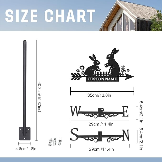 Personalized Rabbits Metal Weather Vane, Custom Family Name Weathervane, Wind Direction Indicator, Weather Vanes Roof Mount, Wind Vane Outdoor Decor for Farmhouse Garden Patio, Housewarming Gifts