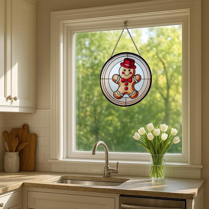 Stained Glass Window Hanging – 9.8 in Gingerbread Man Panel with Chain， Bathroom Front Door Living Room Garden Decor for Mom Wife Lovers