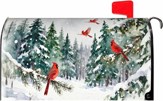 Winter Large Mailbox Covers Magnetic Oversized Green Red Cardinal Bird Christmas Tree Snow Scene Theme Outdoor Decorative Holiday Seasonal Letter Box Cases for Home Garden Outside Decor, 25.5x21 Inch