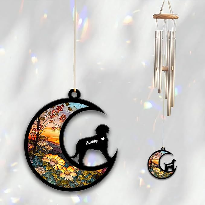 Spanish Water Dog Sun Catcher Wind Chime, Custom Sunflower Suncatcher Dog Memorial Wind Chime, Dog Loss Gift, Dog Sympathy Gift, Pet Loss Suncatcher, Outdoor Garden Decor