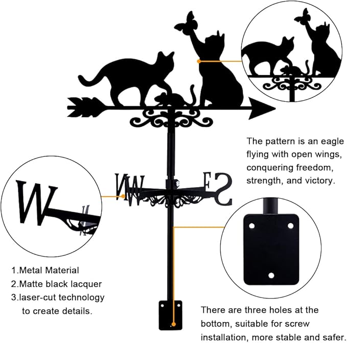 SUPERDANT Cats Weather Vane Cat Butterfly Wind Vanes for Yard Meadow Metal Weathervane Roof Mount for Gardens Outside Black Weathervanes Farmhouse Farm Barn Sheds Patio Decorations Gifts