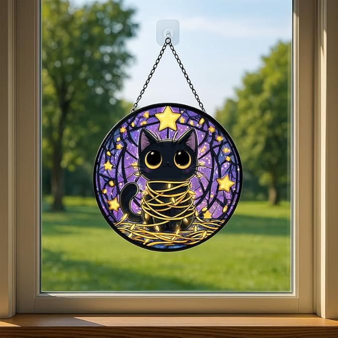 Stained Glass Window Hanging – 6.3 in Black Cat & Stars Panel with Chain， Bathroom Front Door Living Room Garden Decor， Gift for Mom Wife Lovers