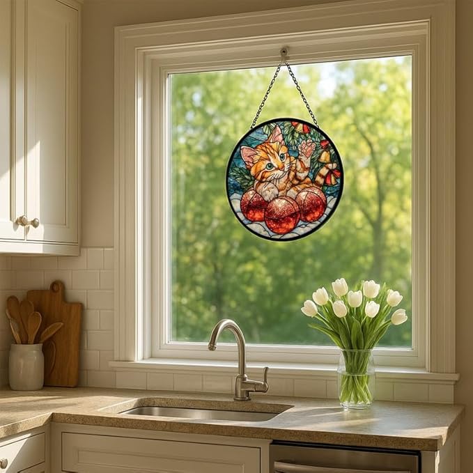 Stained Glass Window Hanging – 11.8 in Orange Cat with Christmas Balls Panel with Chain， Bathroom Front Door Living Room Garden Decor， Gift for Mom Wife Lovers