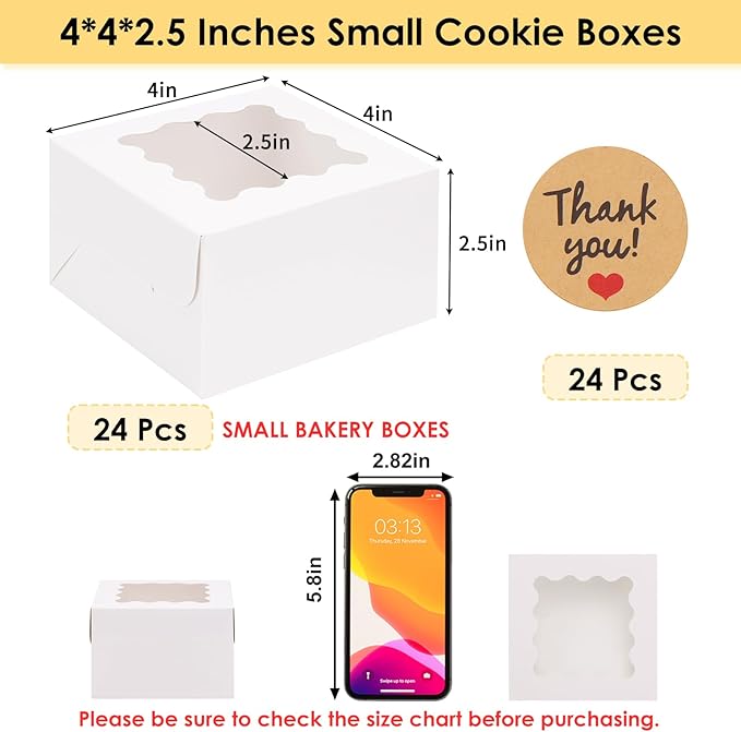 Moretoes Bakery Boxes with Window, 24pcs 4x4x2.5 Inches Bakery Boxes with Stickers for Small Cookies, Treats, Desserts, Chocolate Covered Strawberries, Mini Cake