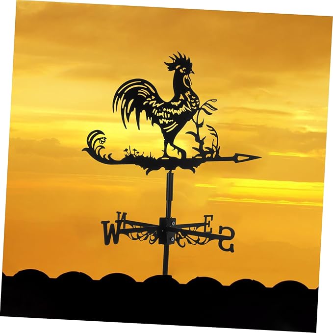 Wrought Iron Rooster Weather Vane 23.4 Inch Metal Farmyard Roof Mount Wind Direction Indicator Garden Outdoor D Cor
