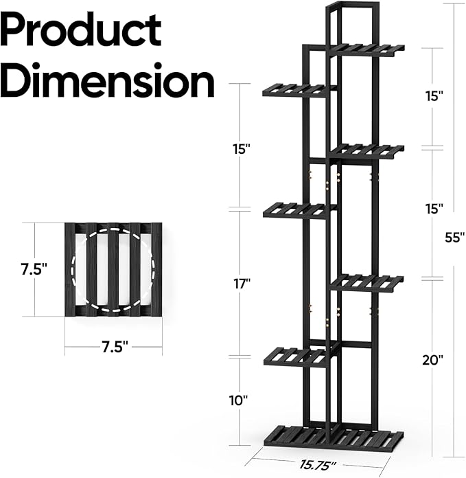 ROSSNY 55 Inch Tall Plant Stand Indoor, 7 Tier 8 Potted Bamboo Plant Stands for Indoor Plants, Corner Plant Stand, Tiered Plant Stands, Plant Shelf For Indoor, Planter Holder for Multiple Plants Indoor, Black