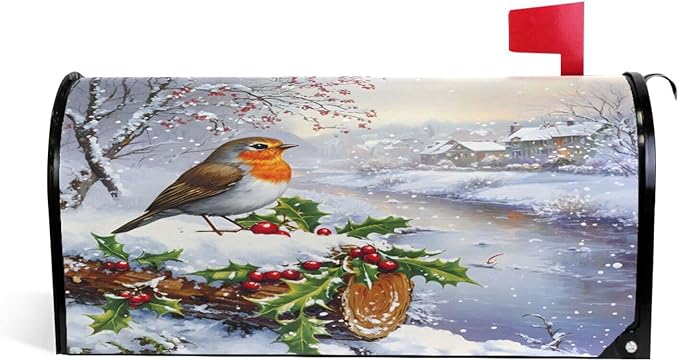 SUABO Mailbox Cover Snowy Scene Bird Oversize Magnetic Mailbox Covers Wraps for Christmas Home Yard Garden Decor